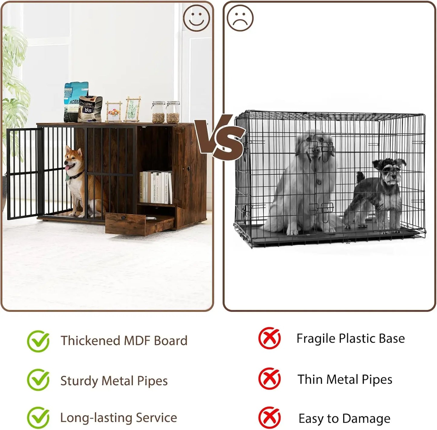 PETSITE Wooden Dog Crate Furniture Kennel With Hidden Bowls