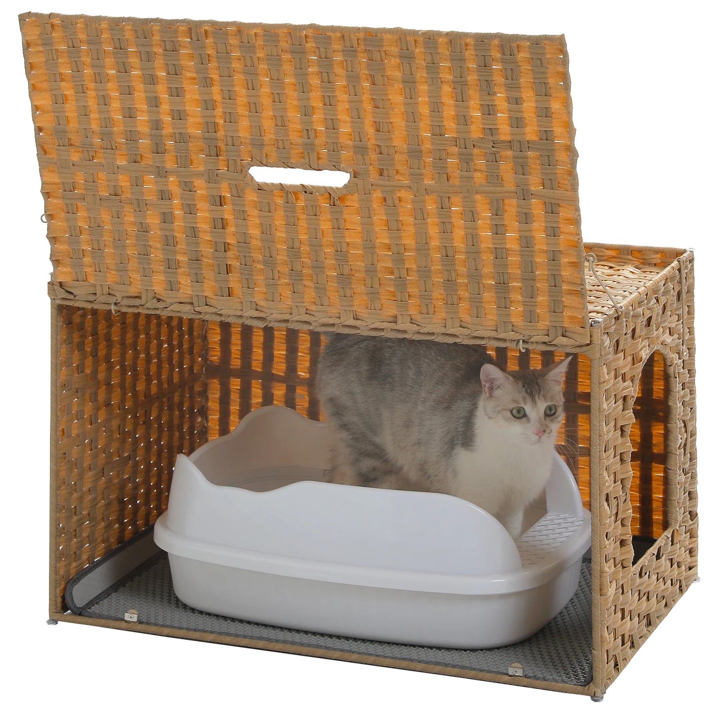 PEQULTICN Rattan Cat Litter Box Enclosure With Taller Doorway Flip Up