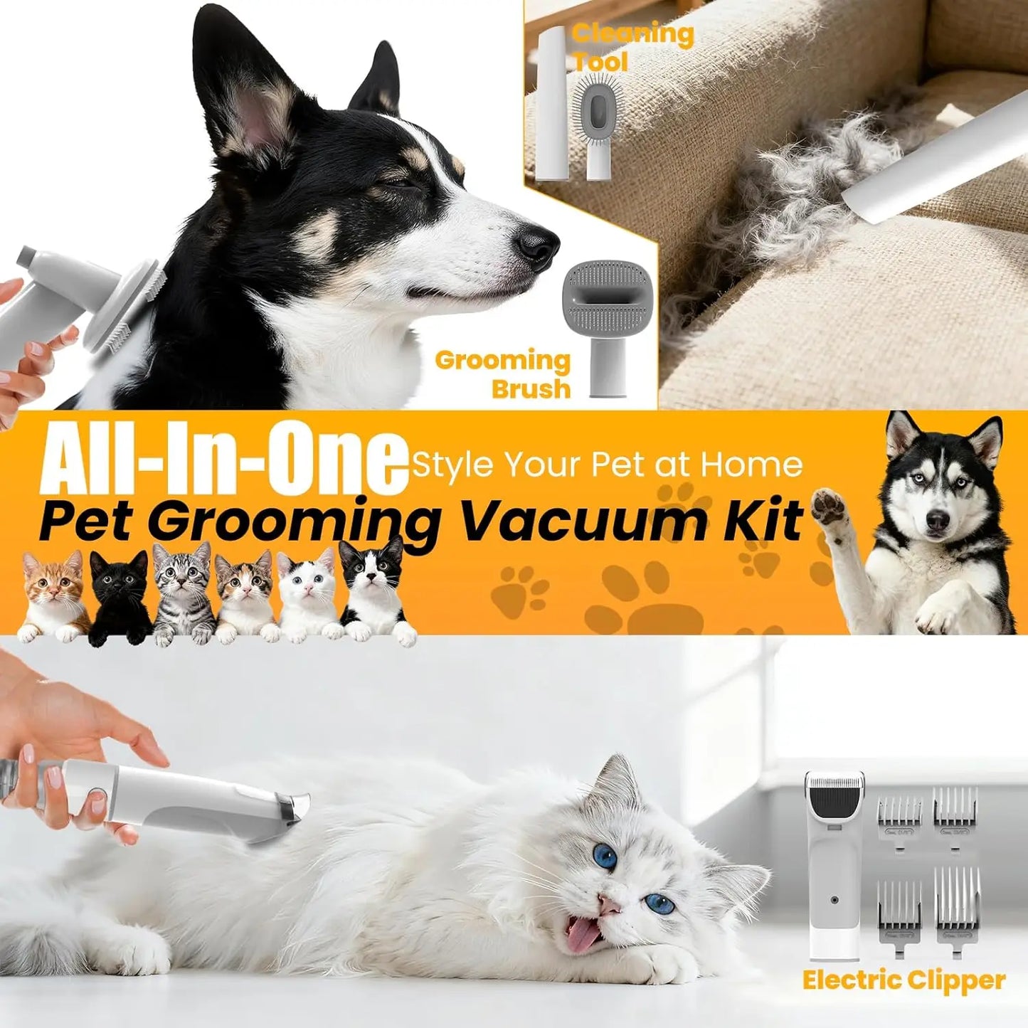 All-In-One Pet Grooming Vacuum With Hair Clipper And Brush