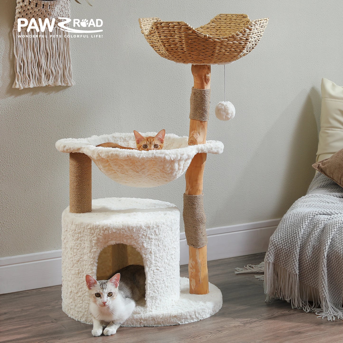 PEQULTI Solid Wood Cat Tree Tower With Condo And Perches