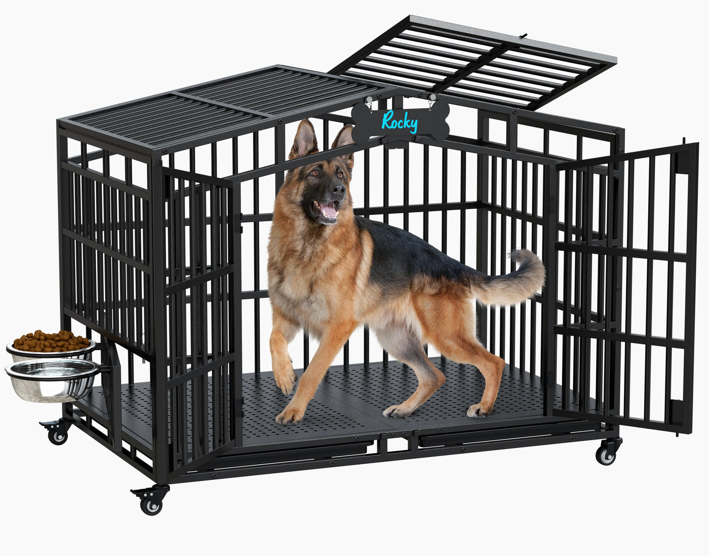 Heavy Duty Dog Crate With Lockable Wheels And Bowls