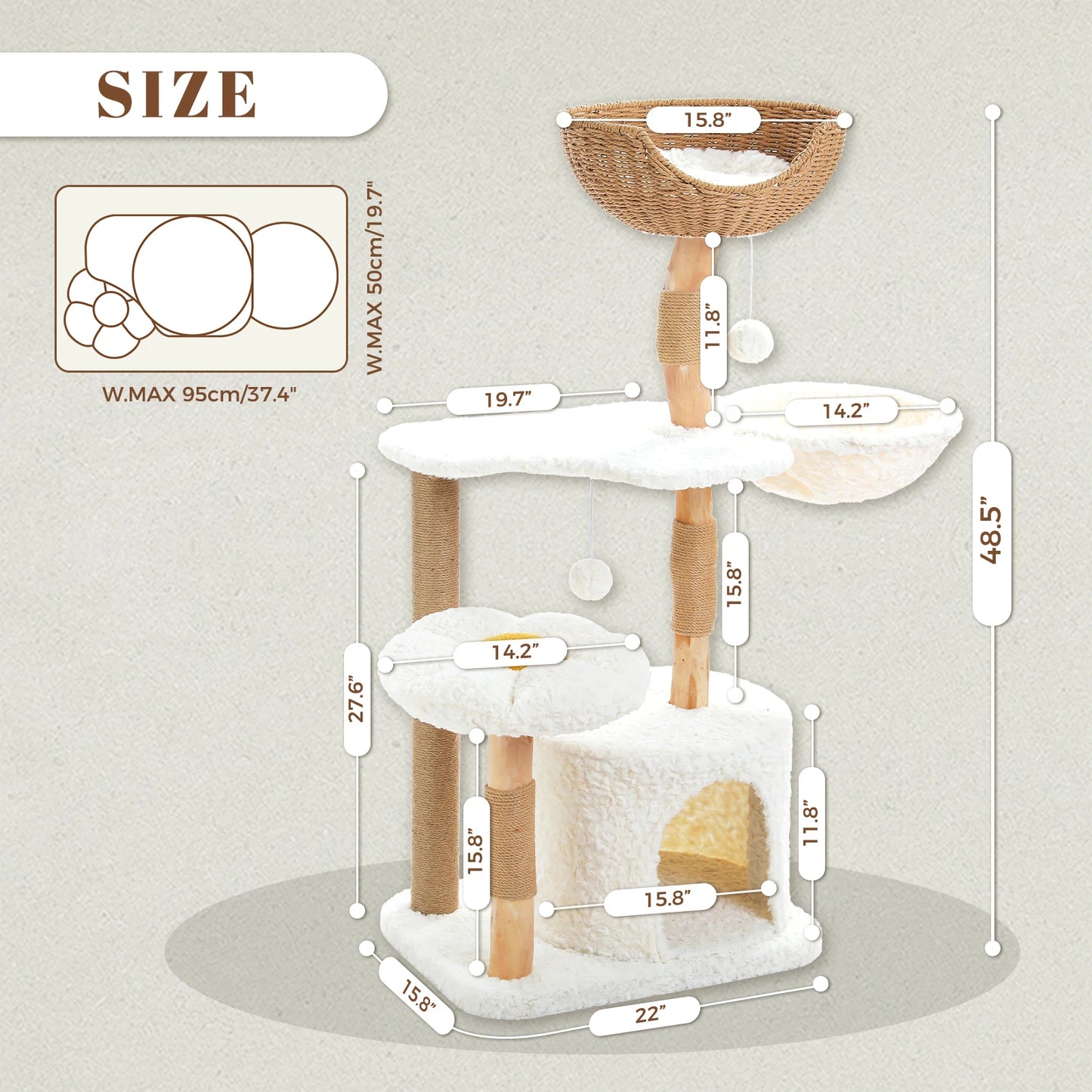 PEQULTI Solid Wood Cat Tree Tower With Condo And Perches