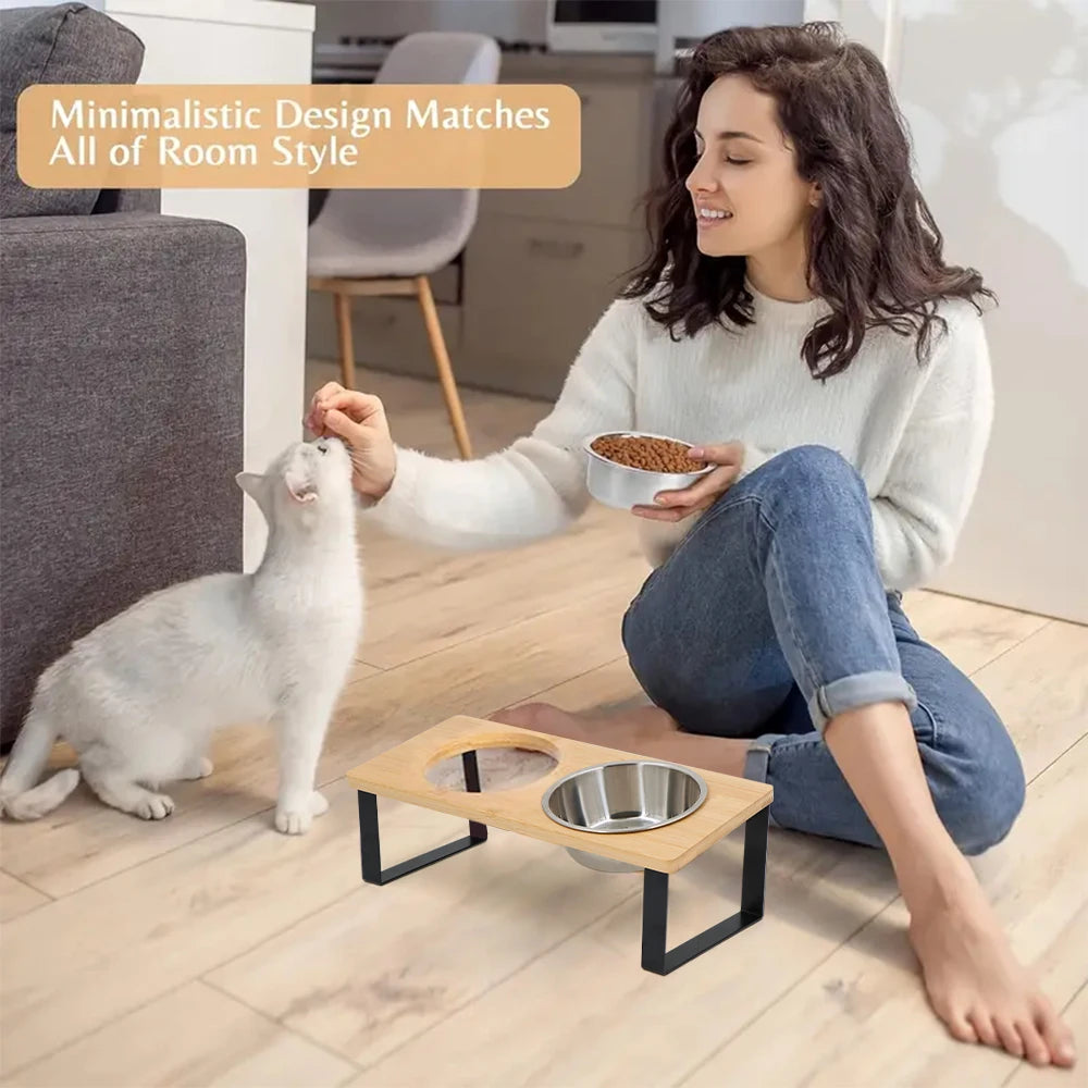 PETRAVEL Elevated Fifteen Degree Tilted Cat Bowls With Wooden Stand