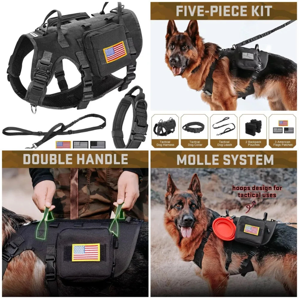 XMSJ Tactical Dog Harness And Collar With Bungee Leash
