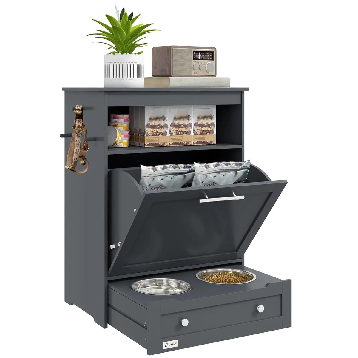 Dog Feeding Station With Raised Bowls And Storage Cabinet
