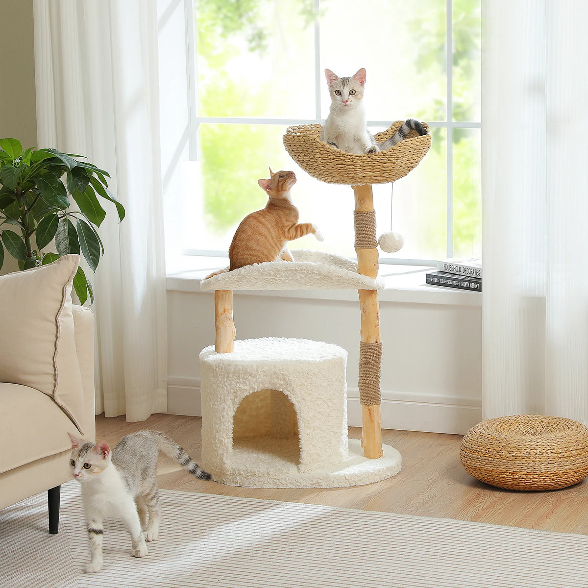 PEQULTI Solid Wood Cat Tree Tower With Condo And Perches