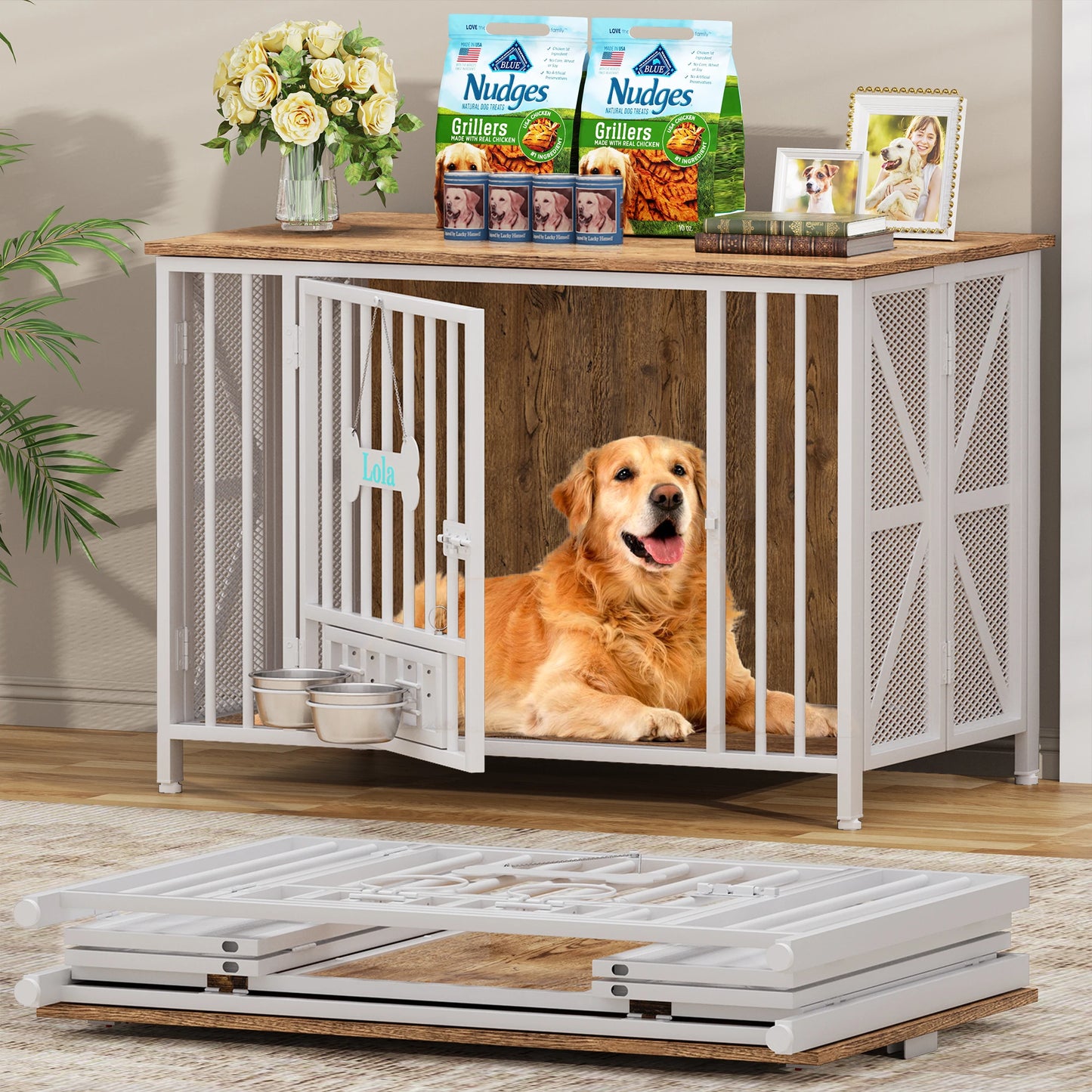 Foldable Wooden Dog Crate Furniture With Dog Tag And Bowls