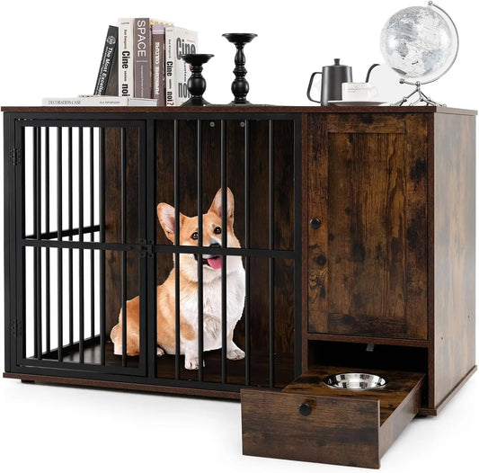 PETSITE Wooden Dog Crate Furniture Kennel With Hidden Bowls