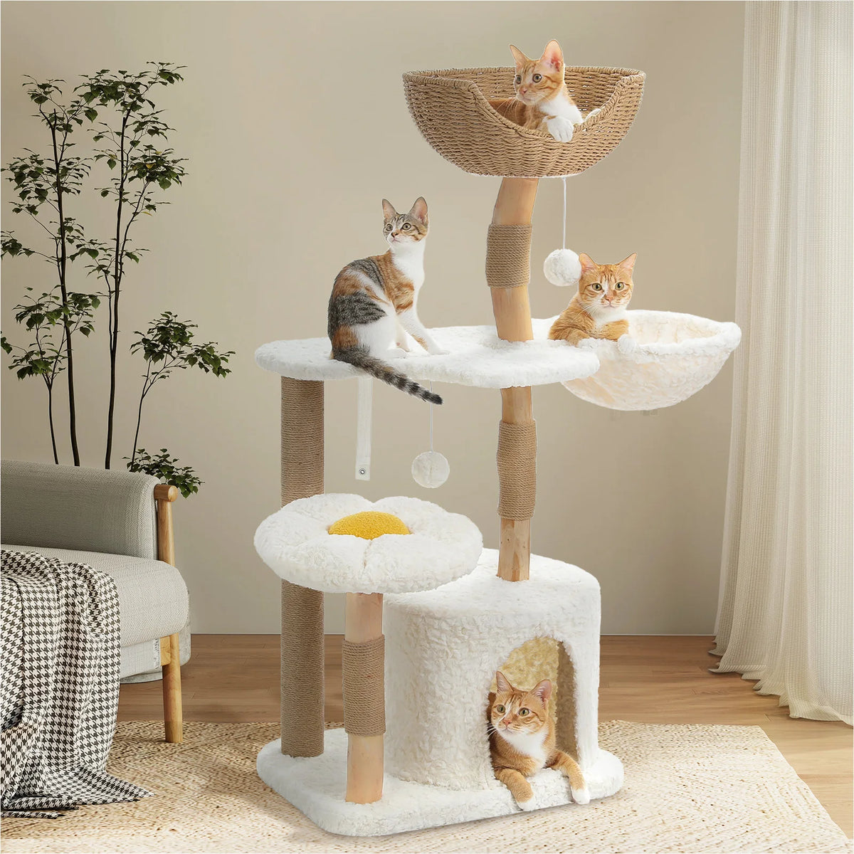 PEQULTI Solid Wood Cat Tree Tower With Condo And Perches