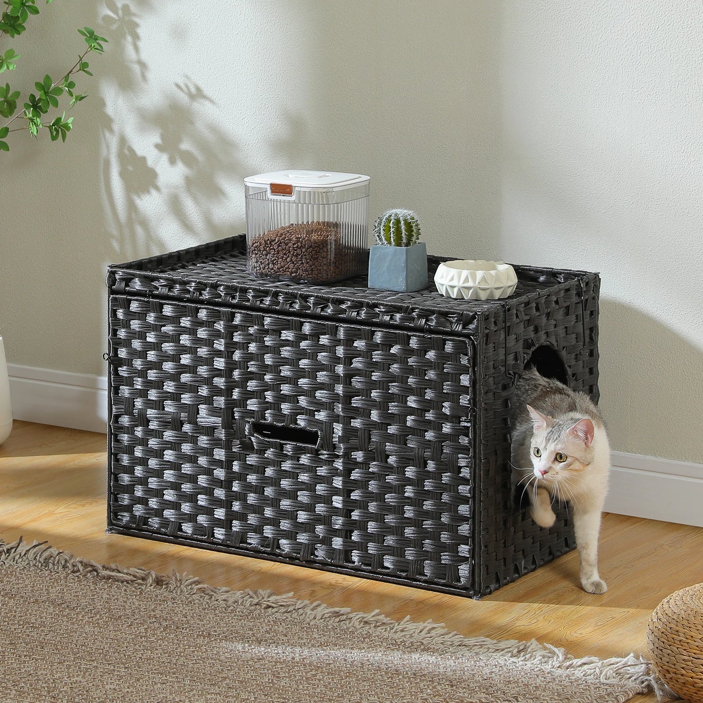 PEQULTICN Rattan Cat Litter Box Enclosure With Taller Doorway Flip Up