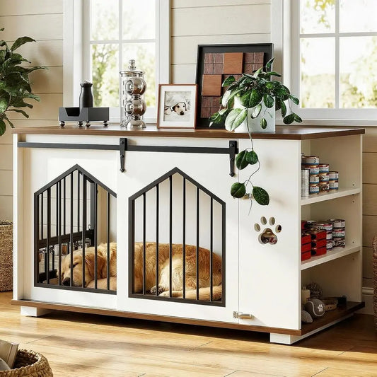 Wooden Large Dog Crate With Rotating Bowls And Adjustable Shelves
