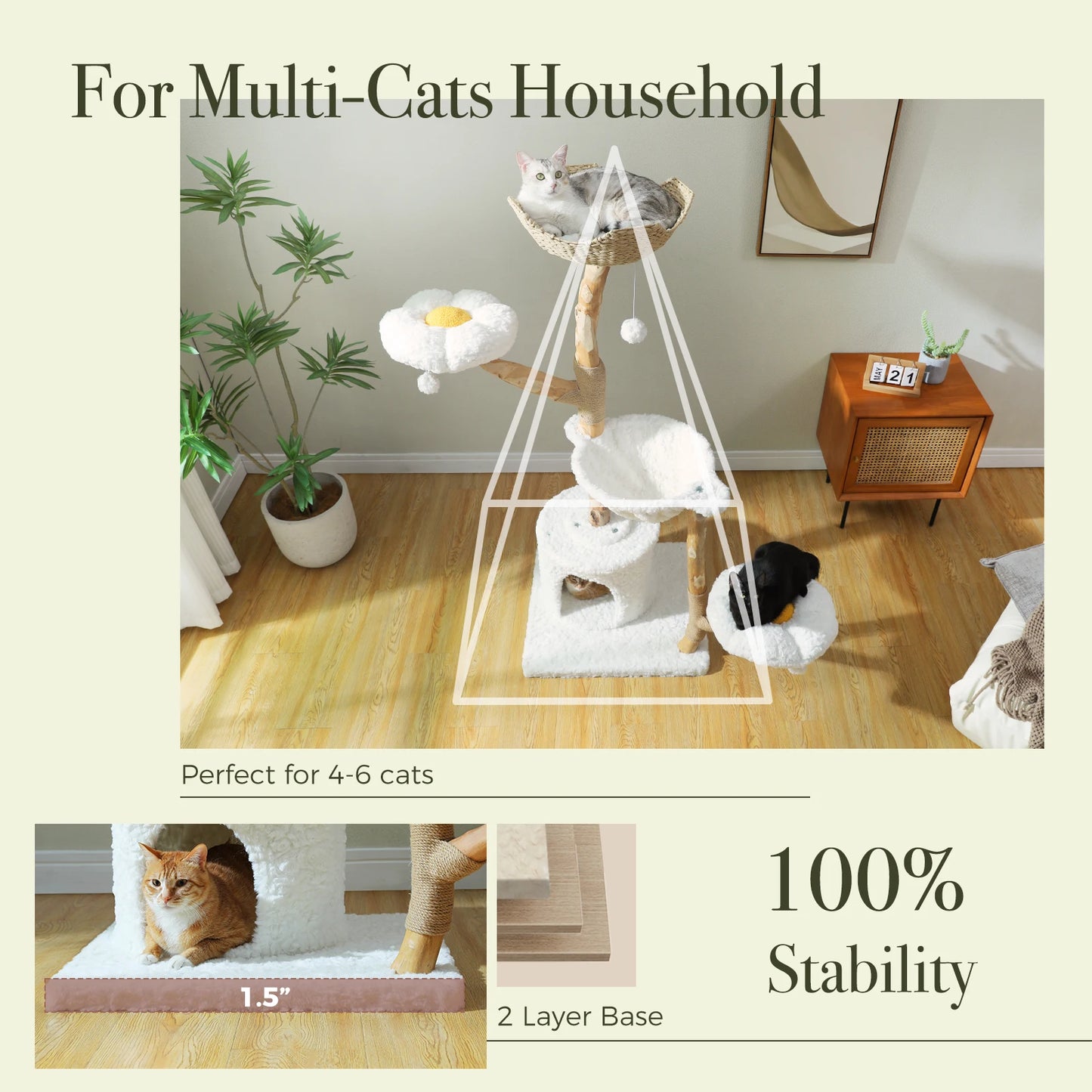 PEQULTI Solid Wood Cat Tree Tower With Condo And Perches