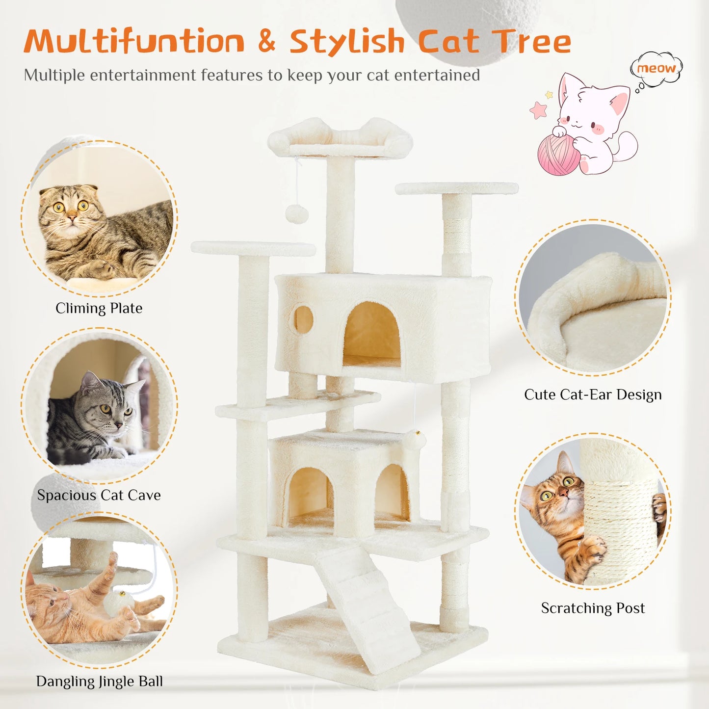 JHK Multi-Level Cat Tree Tower for Indoor Cats with Sisal Scratching Post