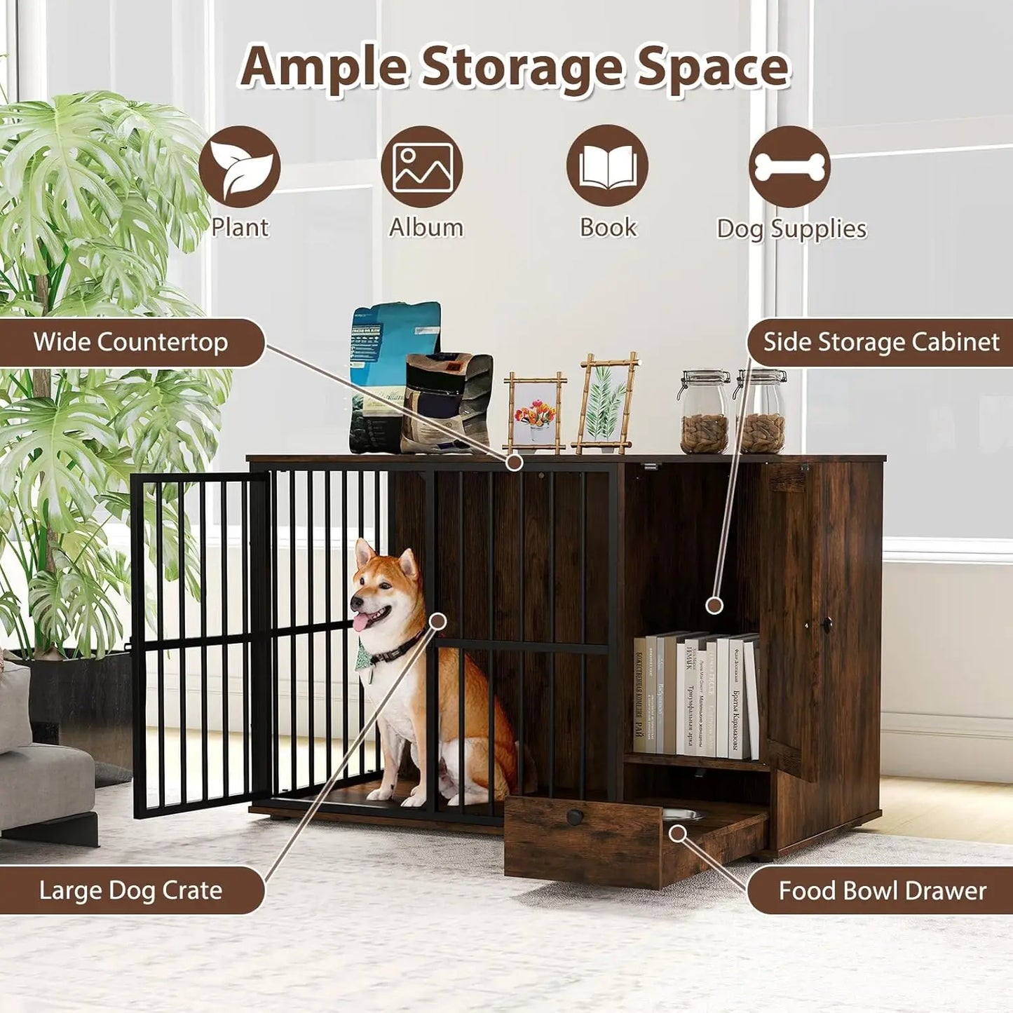 PETSITE Wooden Dog Crate Furniture Kennel With Hidden Bowls