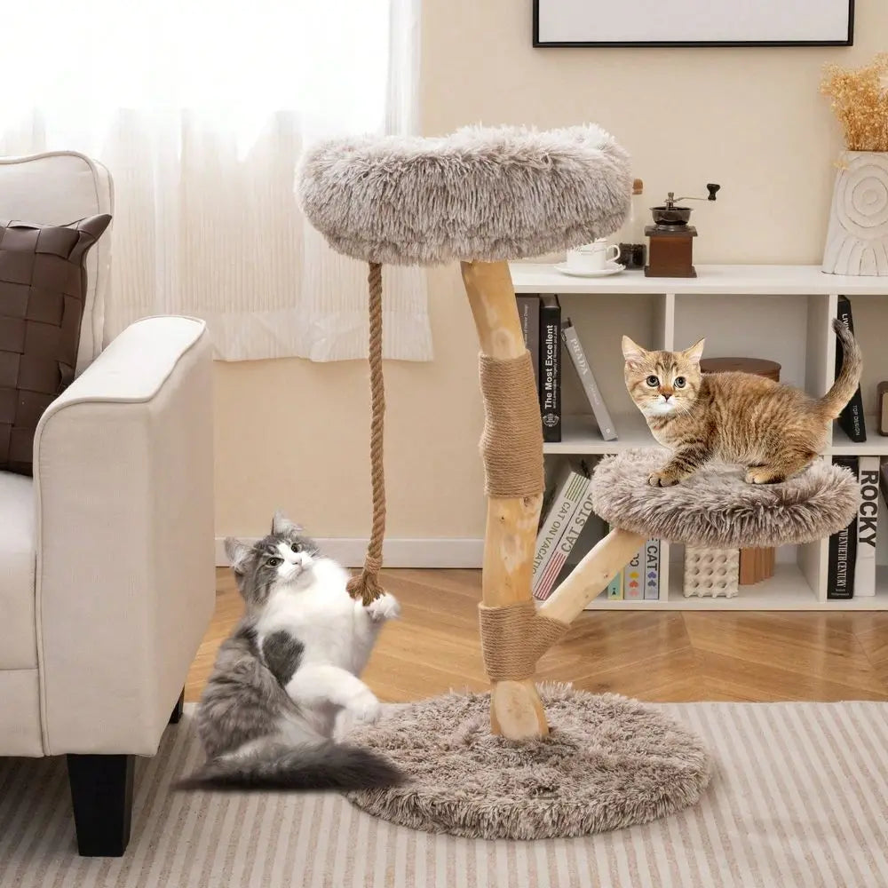 Cat Tree Three Tier Wood Cat Tower With Teasing Rope