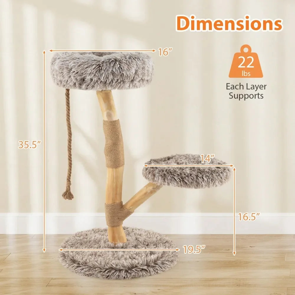 Cat Tree Three Tier Wood Cat Tower With Teasing Rope