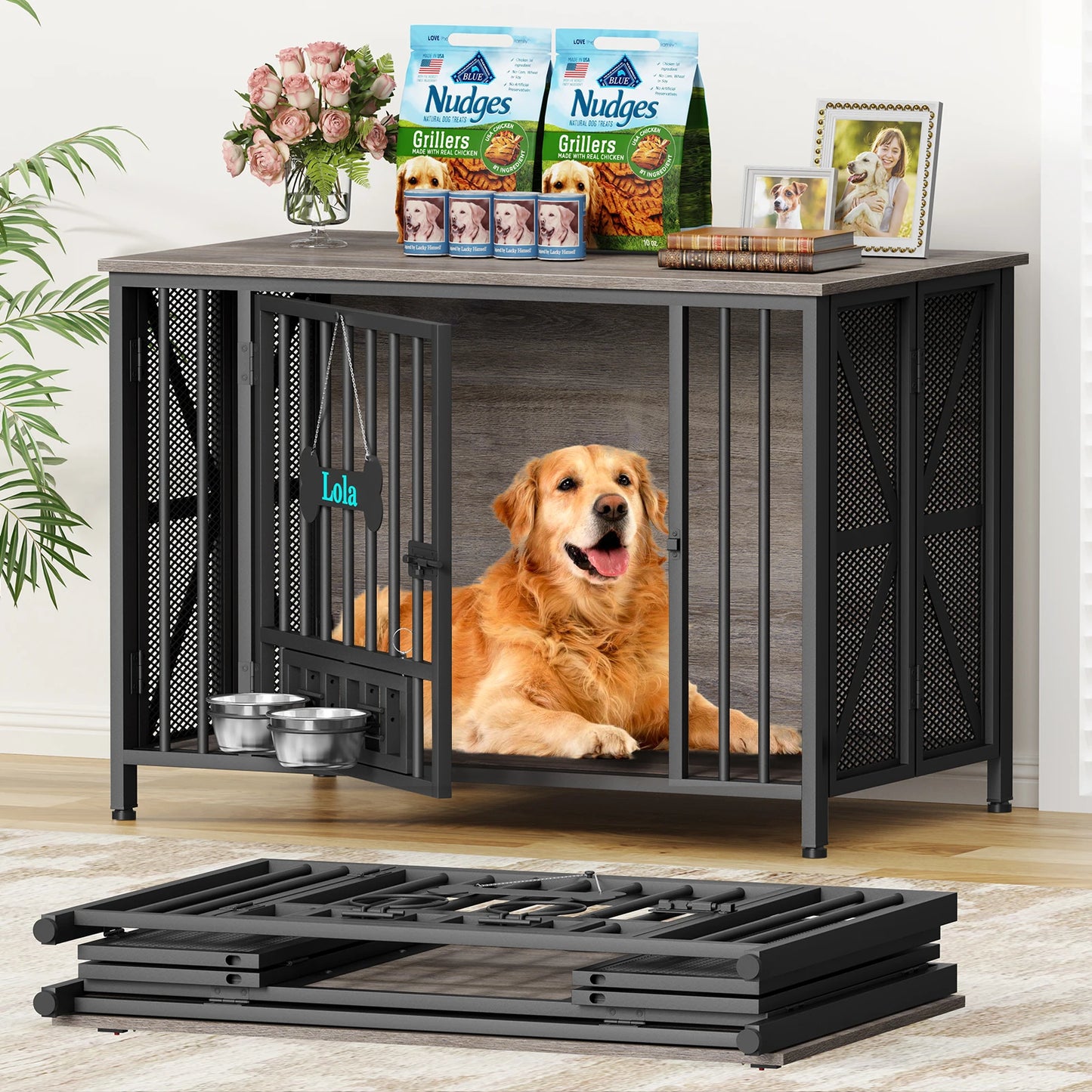 Foldable Wooden Dog Crate Furniture With Dog Tag And Bowls