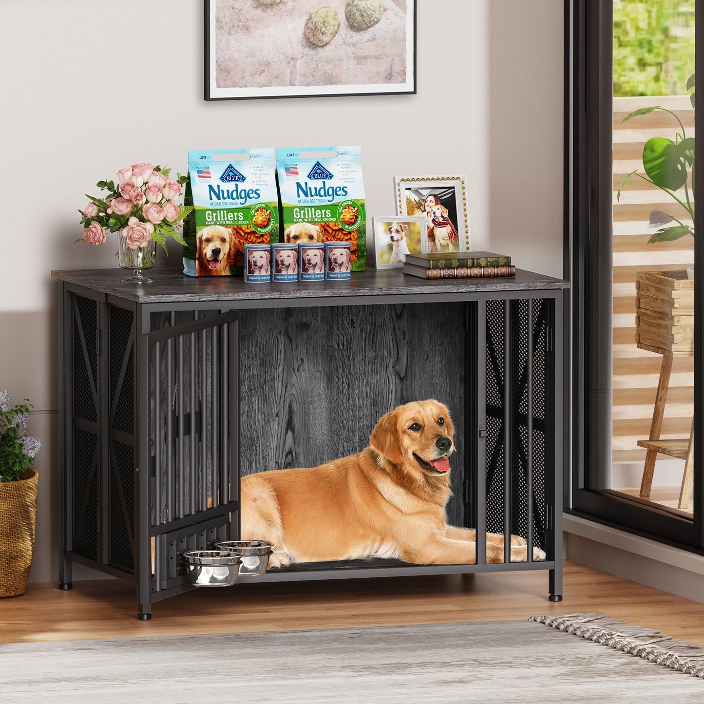 Foldable Wooden Dog Crate Furniture With Dog Tag And Bowls
