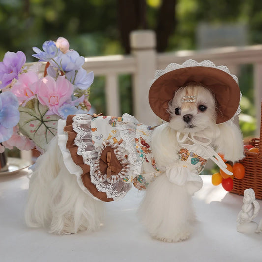 NONECN Pet Lace Dress and Maid Set With Hat for Small Dogs