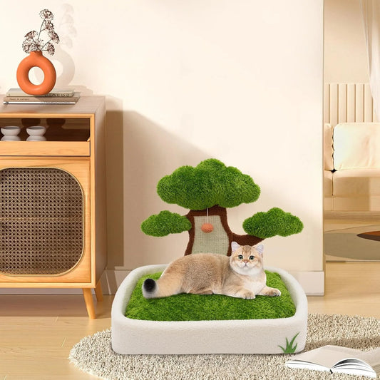 Luxury Cat House With Pine Tree Scratching Post And Plush Velvet Bed