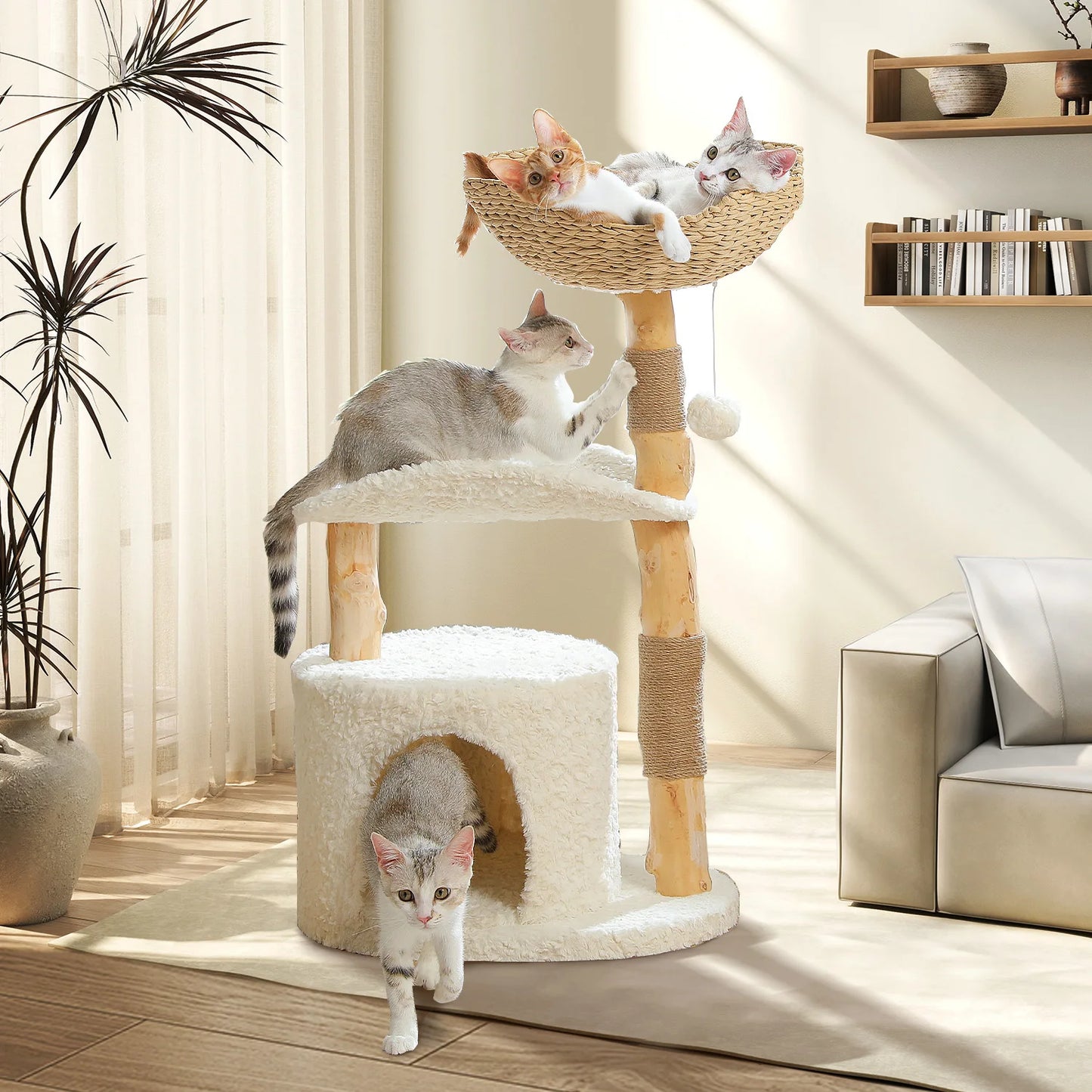 PEQULTI Solid Wood Cat Tree Tower With Condo And Perches