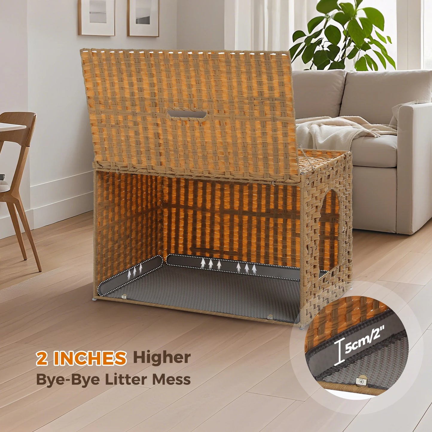 PEQULTICN Rattan Cat Litter Box Enclosure With Taller Doorway Flip Up