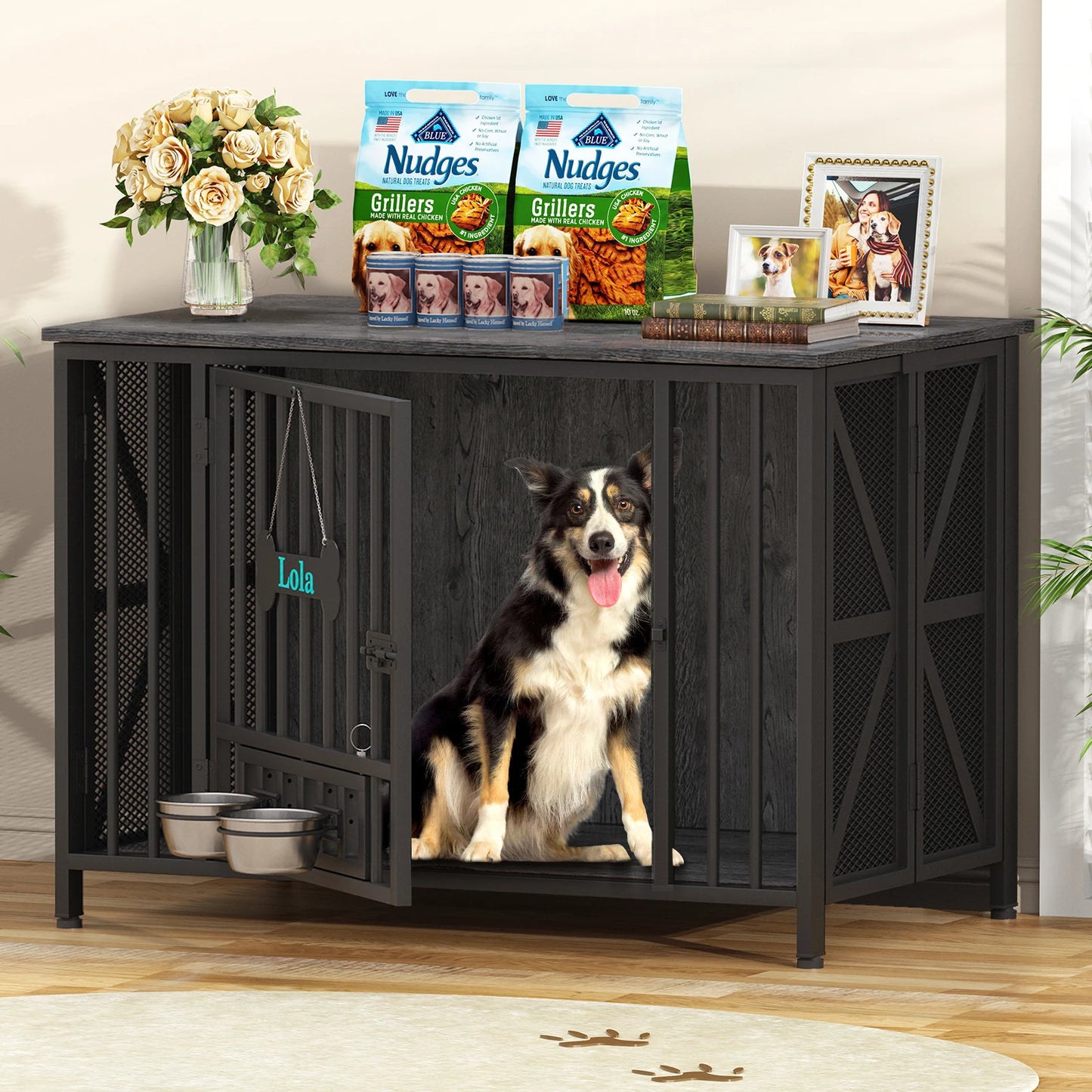 Foldable Wooden Dog Crate Furniture With Dog Tag And Bowls