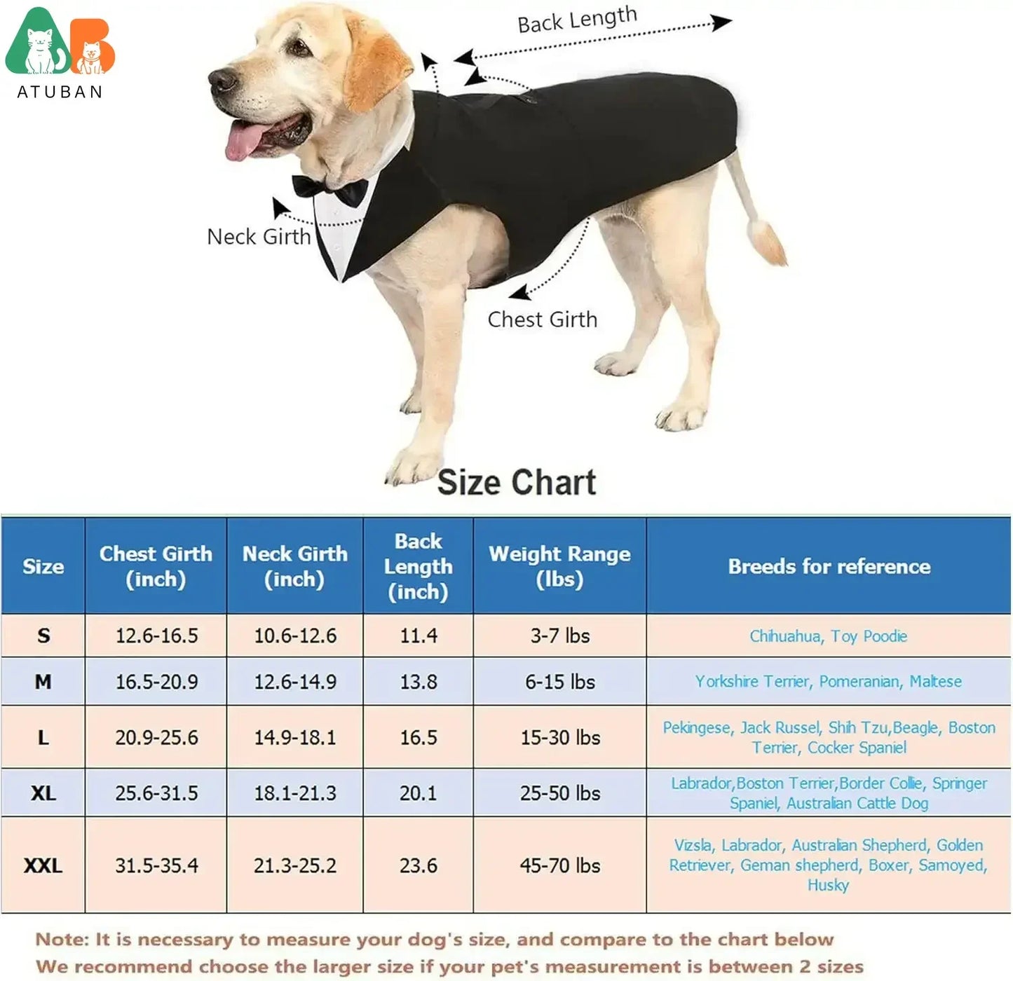 ATUBAN Dog Tuxedo Costume for Large Breeds Detachable Wedding Attire